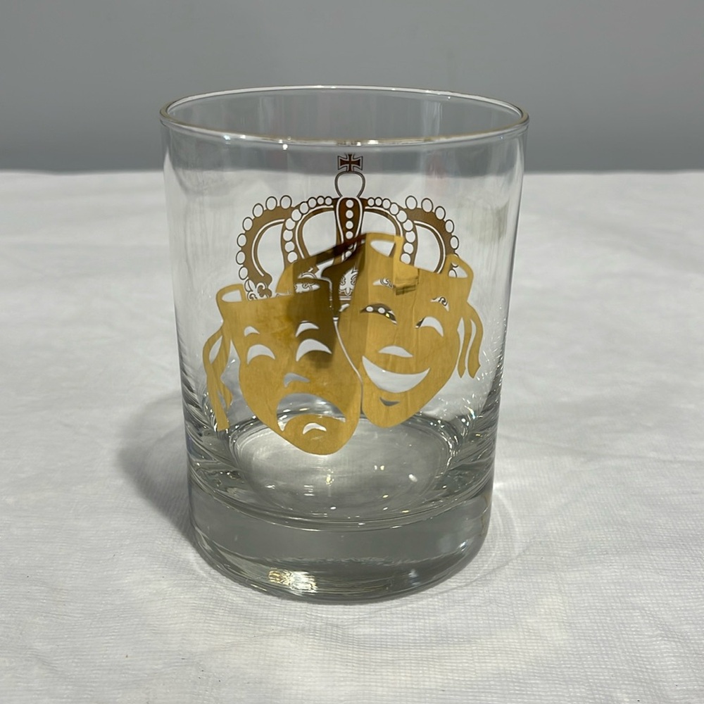 Mardi Gras old fashioned rocks glass gold theater mask and crown 12 oz capacity